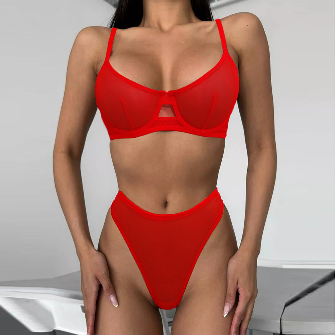 freedombeauty|Sexy leopard print underwear, French bra, ultra-thin mesh sex set, perspective.