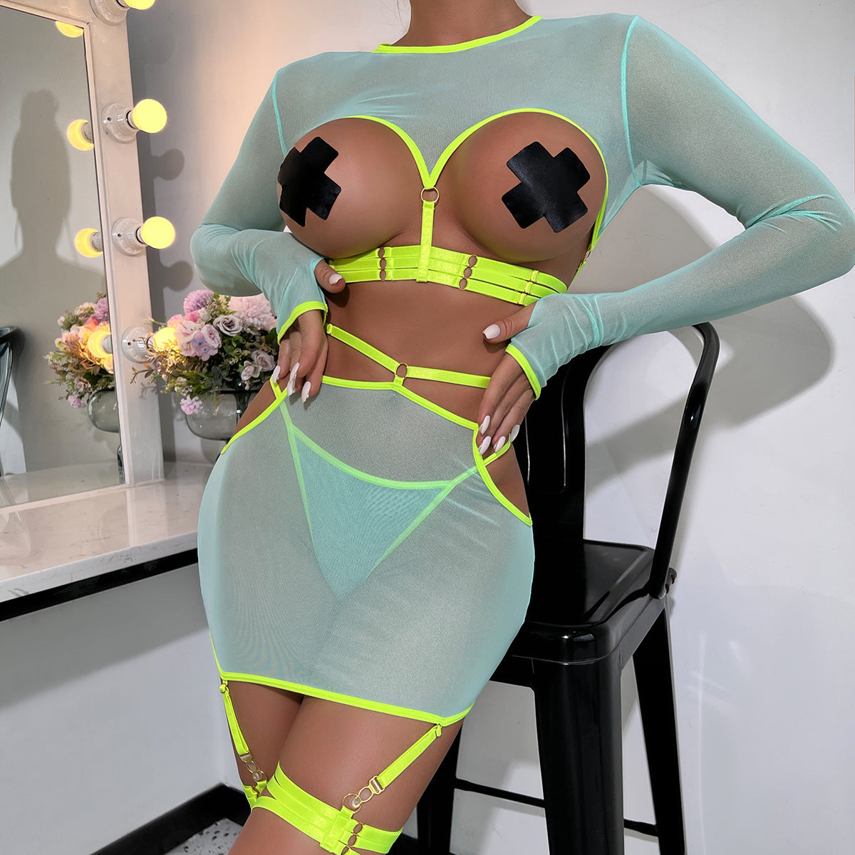 FREEDOMBEAUTY | AliExpress INS underwear 5-piece set sexy hollow straps personalized long-sleeved top with leg rings 3317