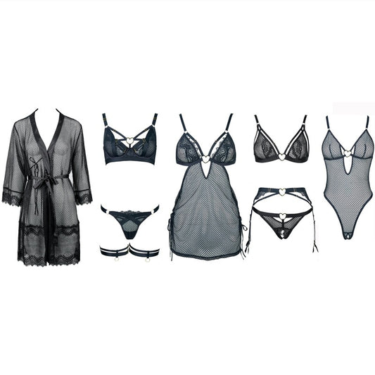 FREEDOMBEAUTY | FQ2829 Flower mesh perspective quality series sexy suit women's heart buckle free of temptation European and American suspender leg ring