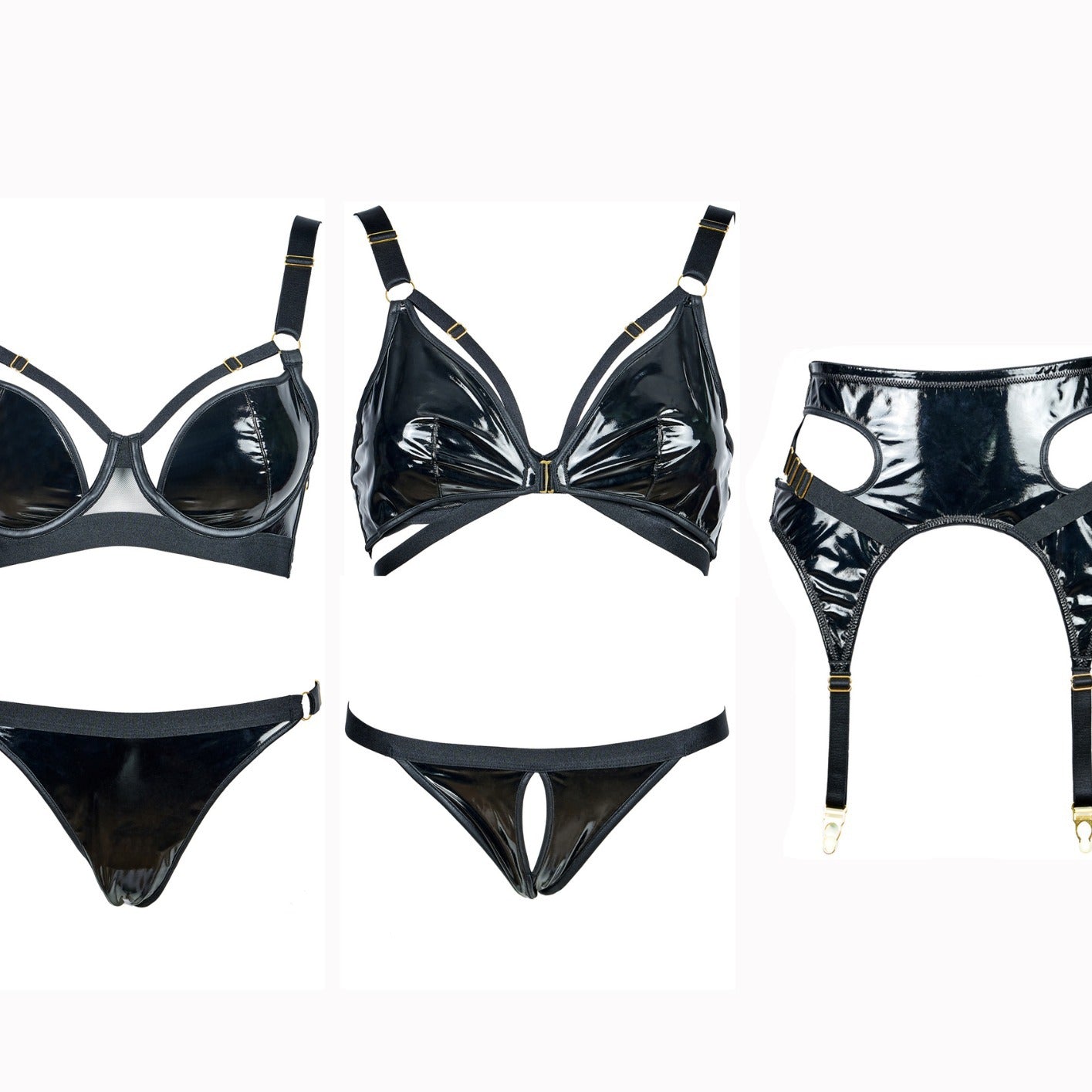 FREEDOMBEAUTY | FQ2812 patent leather series micro-elastic imitation leather steel ring quality export single bra sexy underwear garter combination