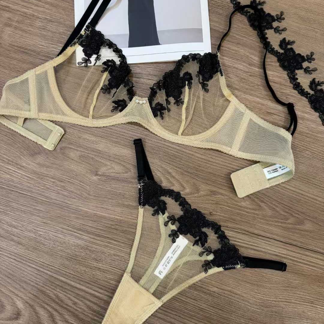FREEDOMBEAUTY | European and American cross-border sex underwear water-soluble flower sexy bra pure desire steel ring gathering bra set Sexy Bra
