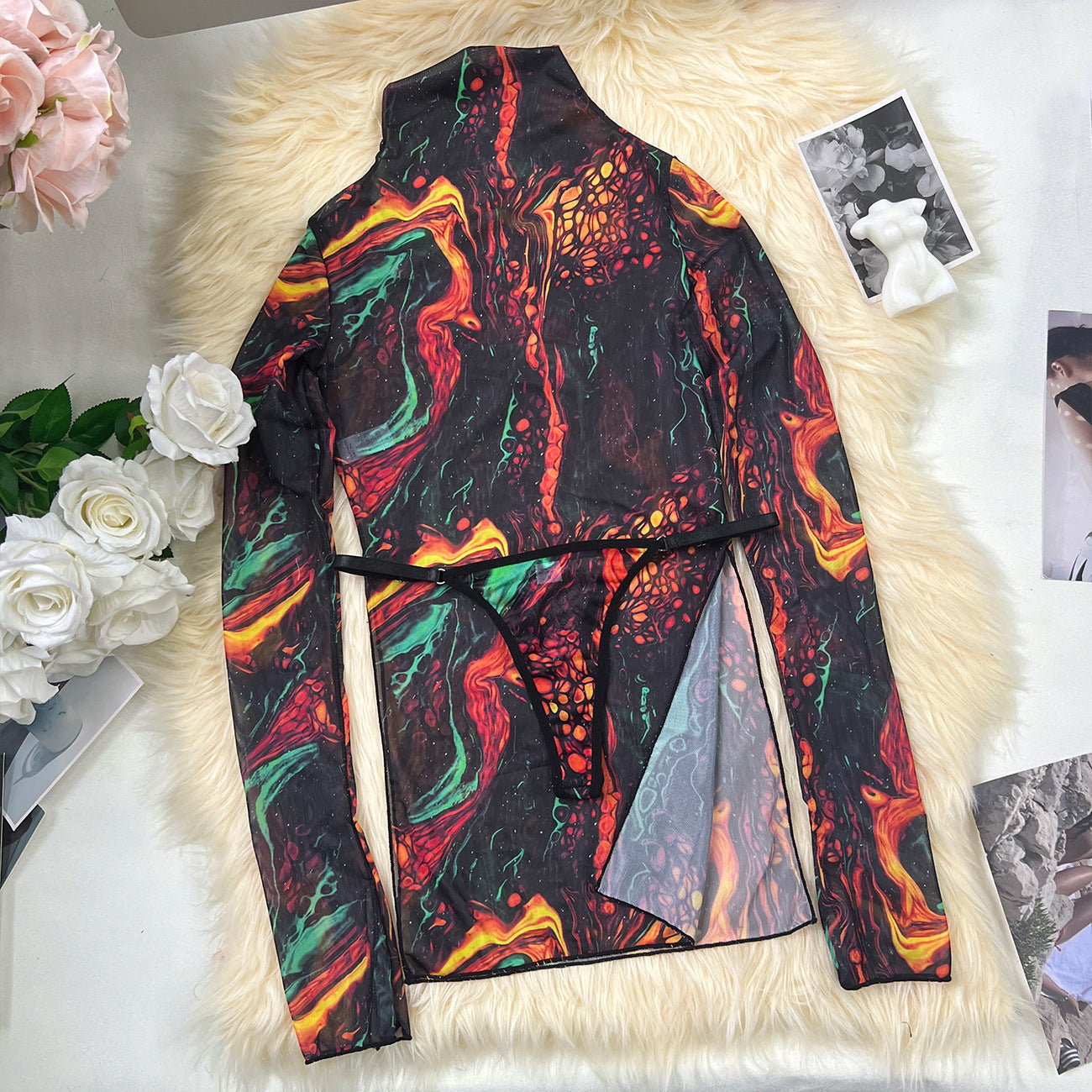 freedombeauty|New sexy turtleneck long-sleeved mesh tie-dye dress wholesale