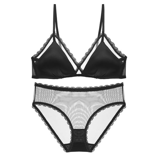 FREEDOMBEAUTY | Summer Sexy Underwear French Pure Desire Triangle Cup Steel Rim Free Bra Glossy Lace Small Breasts Gathering Underwear Set