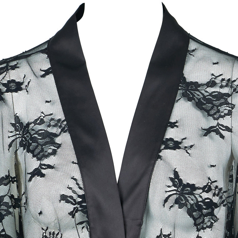 Freedombeauty | FQ2856 French sexy see-through nightgown bathrobe lace satin cuff split design lingerie