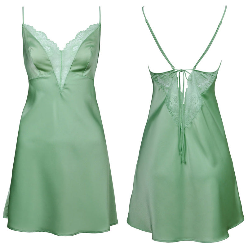 FREEDOMBEAUTY | FQ2860 Summer French high-end ice silk nightdress women's lace flower suspender nightdress sexy pure loungewear