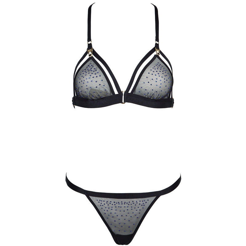 Freedombeauty | FQ2848 Hot Diamond Triangle Cup Beauty Back Buckle Sexy Rimless Bra Thong Mesh Thin Neck Waist Chain