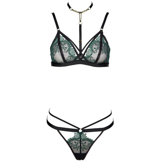 FREEDOMBEAUTY | FQ2765T212 Delicate Green Embroidery Black Mesh Removable Diamond Chain Neck Triangle Cup Thong Set