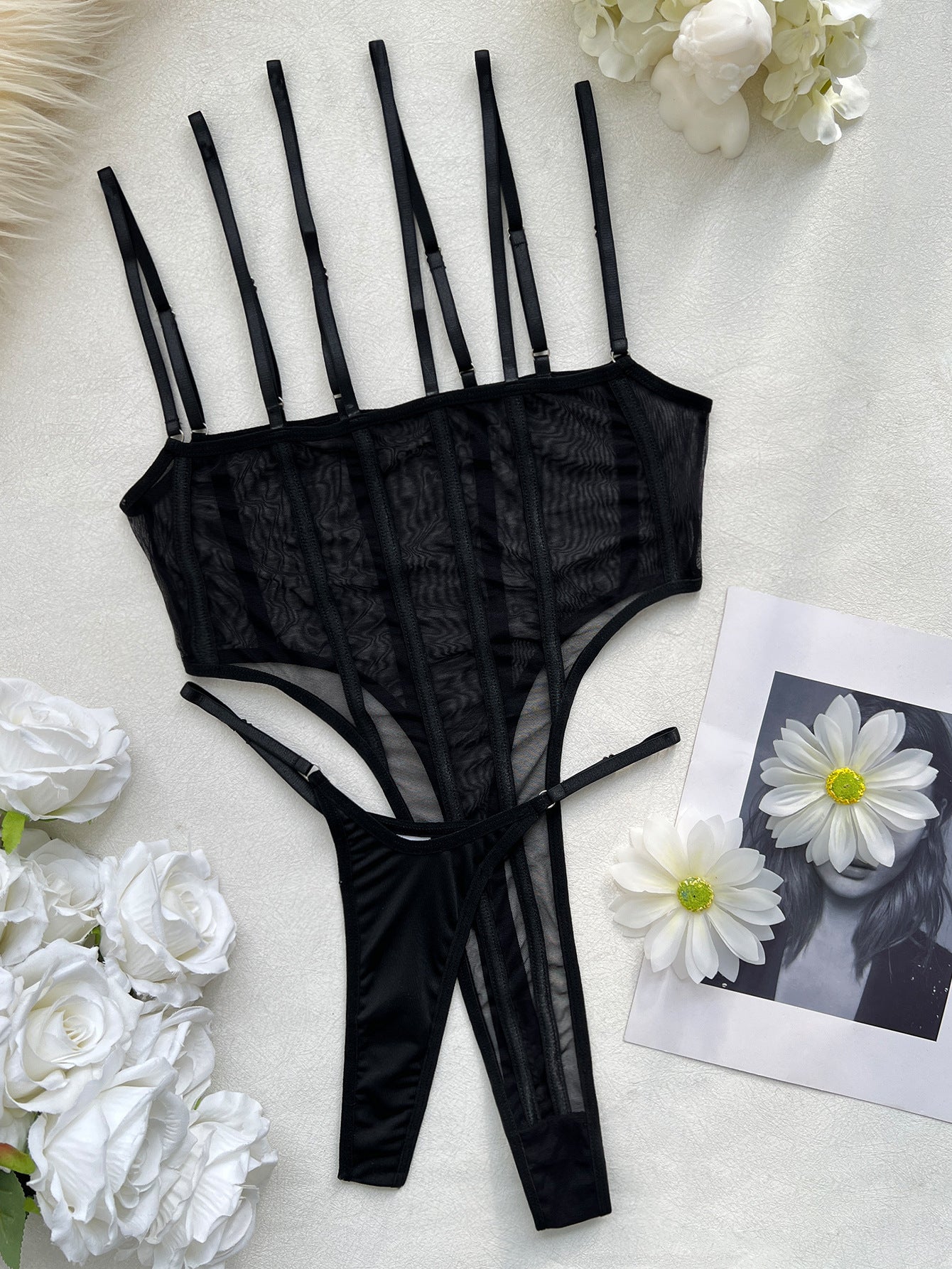 FREEDOMBEAUTY | Black mesh see-through sex underwear line-sensitive onesie suspender big halter onesie