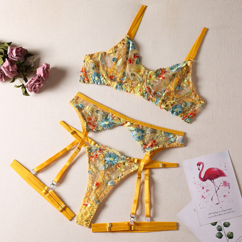 FREEDOMEBEAUTY | European and American sexy perspective yellow flower embroidered bra garter thong with leg ring three-piece underwear set