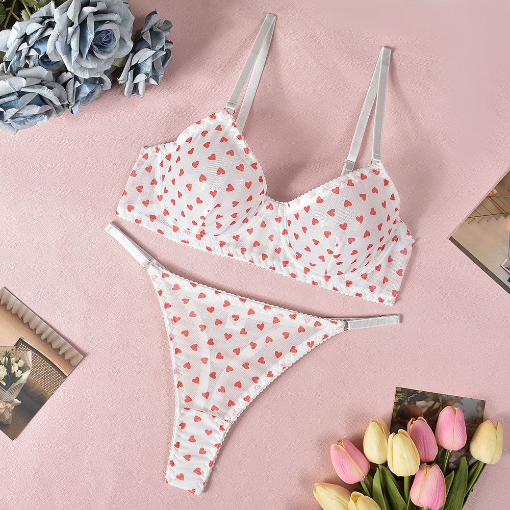 FREEDOMEBEAUTY | Popular set of sex underwear four seasons underwear love printing temptation 2-piece set of lace sexy hollow