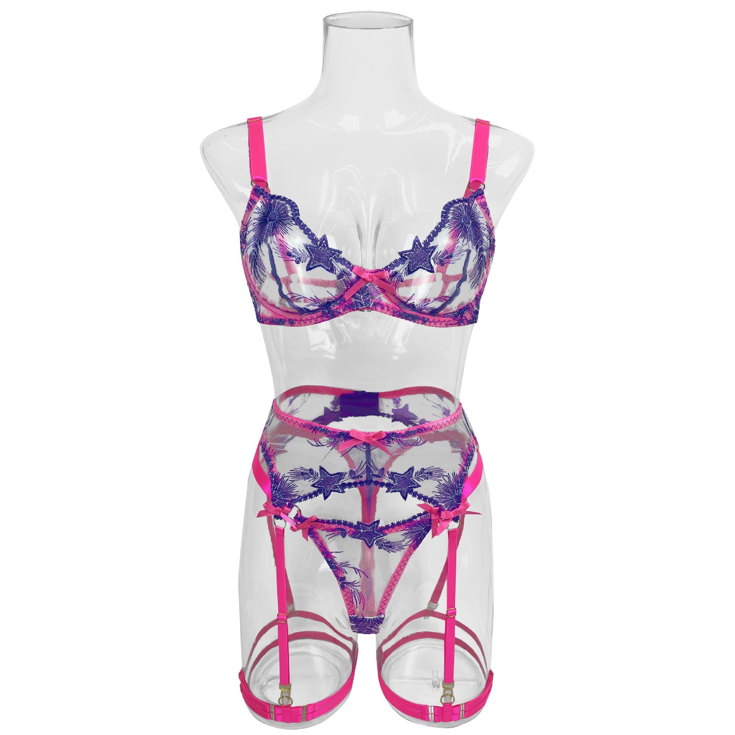 freedombeauty|Fashion Heavy Industry Star Embroidery Sexy Lace Up Suspender Underwear Kit
