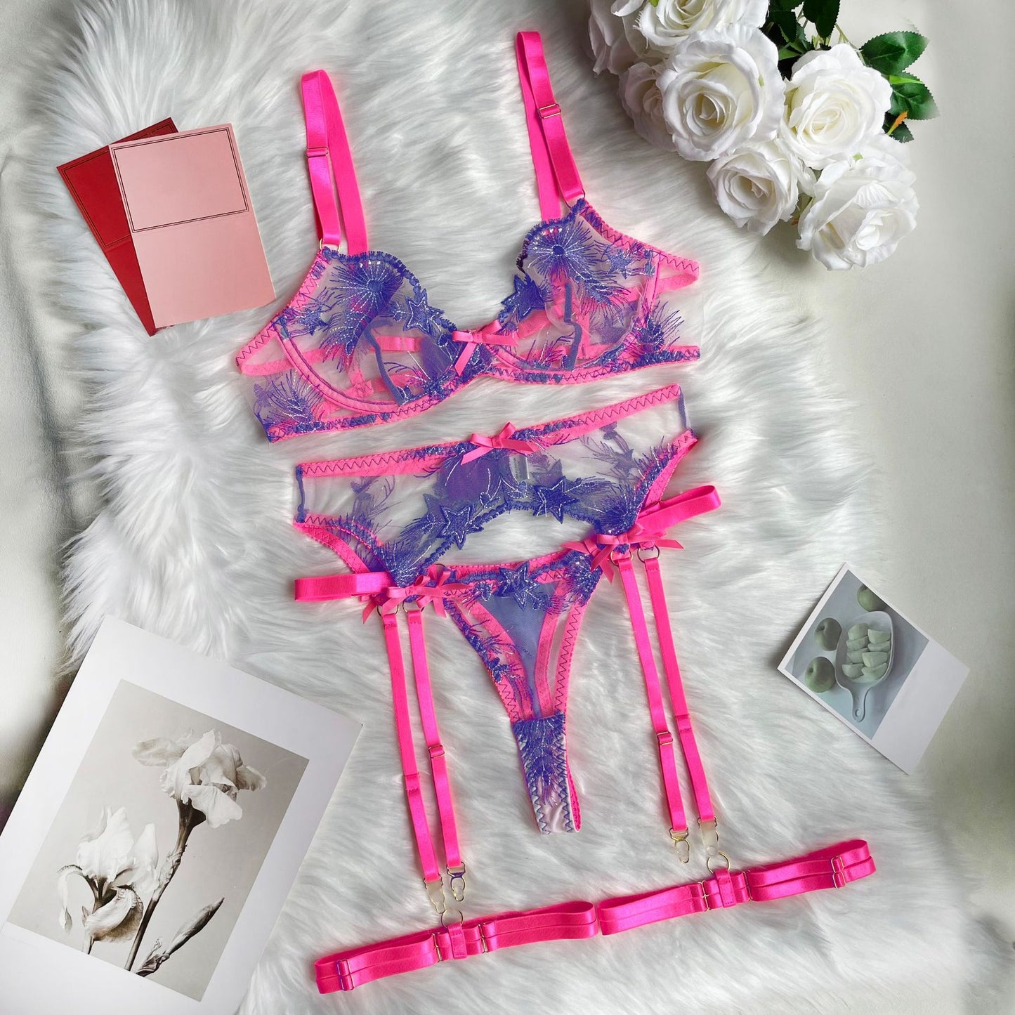 freedombeauty|Fashion Heavy Industry Star Embroidery Sexy Lace Up Suspender Underwear Kit