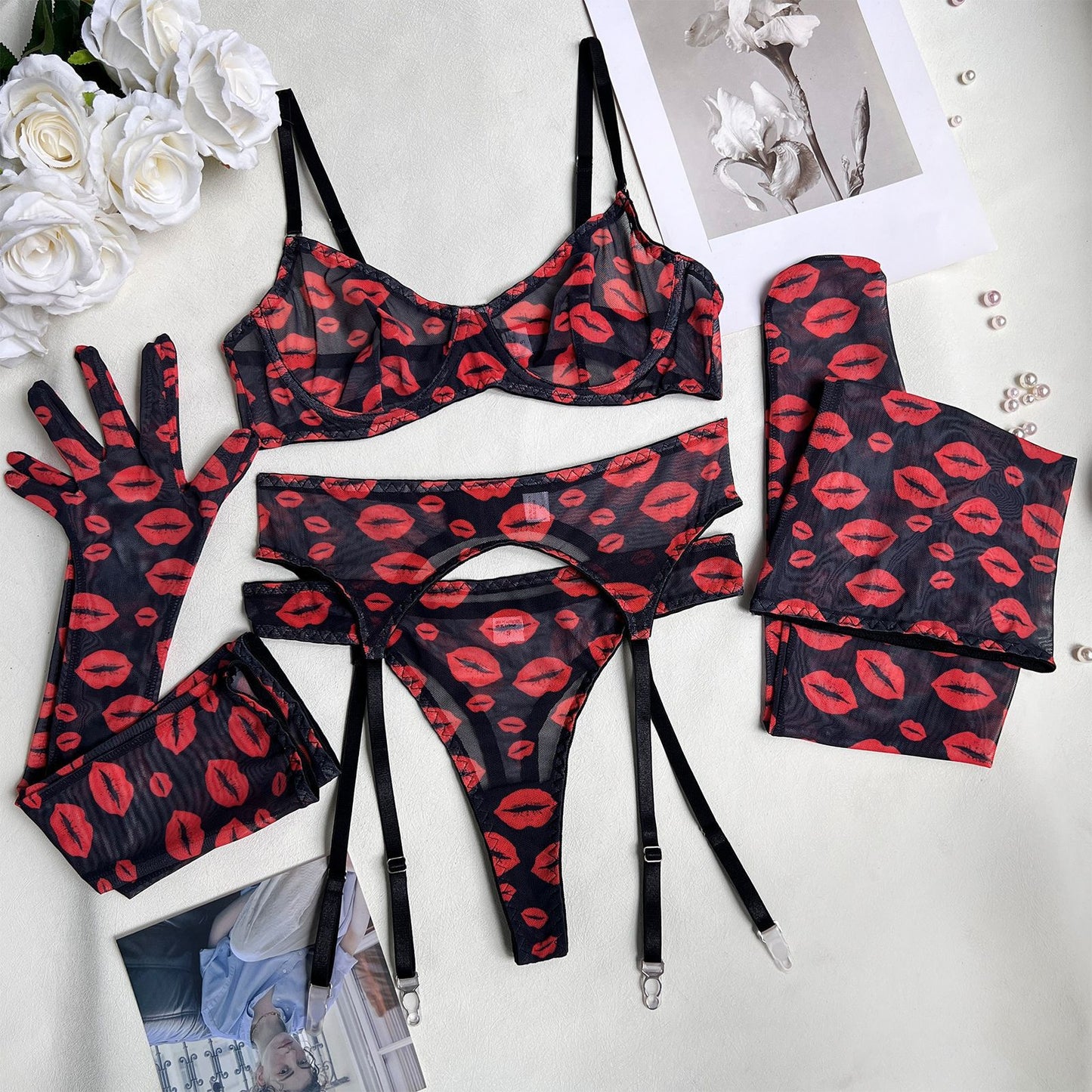 freedombeauty|Sex Lips Rose Solid Color Pendant Gloves Sexy Underwear Sex  lingerie set