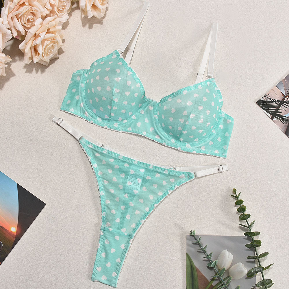 FREEDOMEBEAUTY | Popular set of sex underwear four seasons underwear love printing temptation 2-piece set of lace sexy hollow