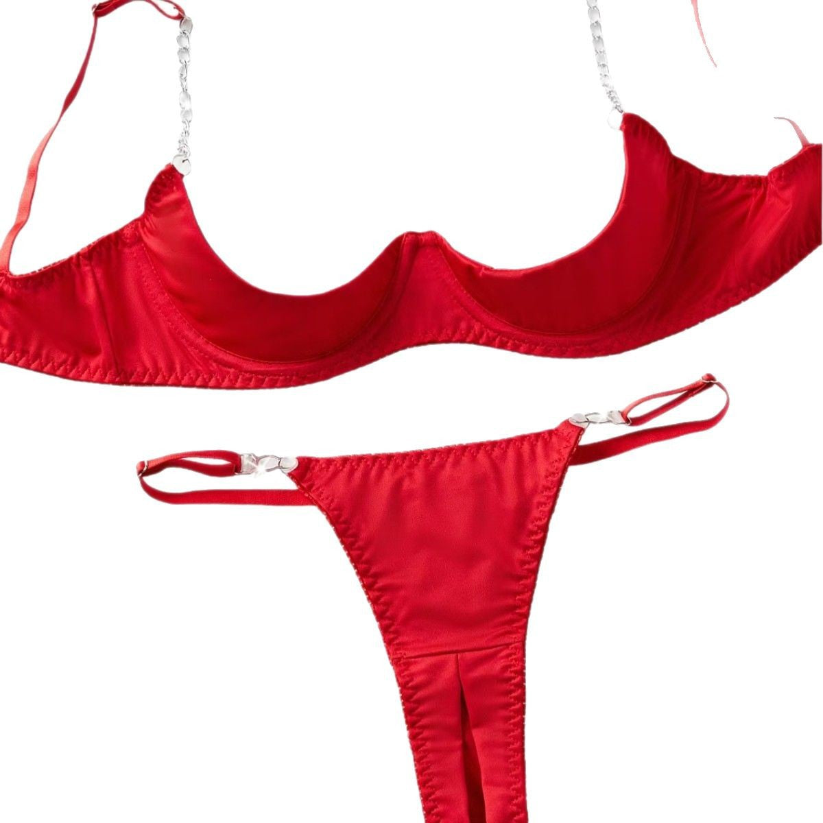 FREEDOMBEAUTY | ins popular girl sexy lingerie set half cup support chain open crotch three-point bra