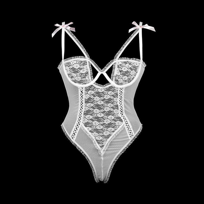 FREEDOMBEAUTY | FQ2817 fungus root steel tray lace mesh yarn free open file women's sex onesie cross-border sexy European and American