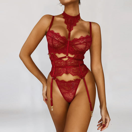 freedombeauty|Sex lace neck strap splicing body sculpting belt suspender sexy bra 5 kit set