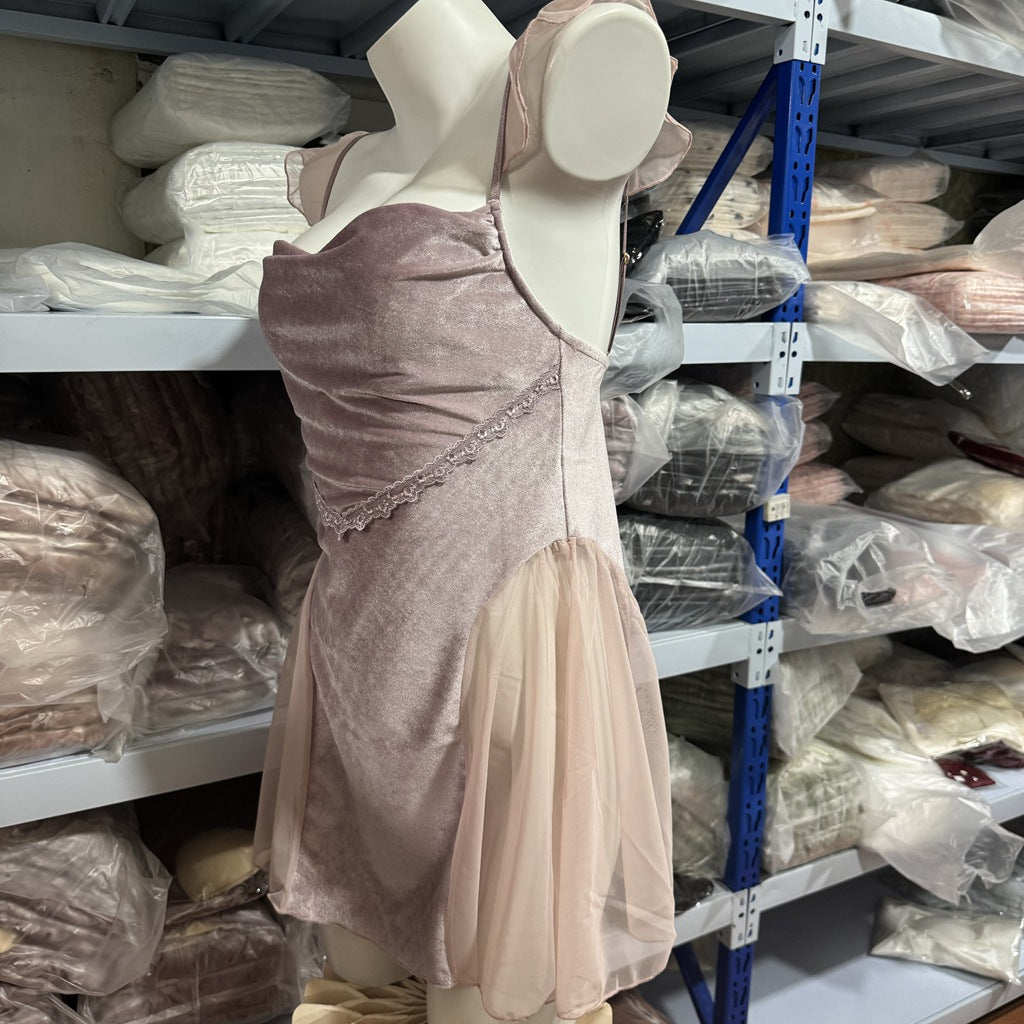 FREEDOMBEAUTY | 8012 New Sexy Women's Velvet Zhao Ruth Same Mesh Ribbon Dress Dress Pajamas