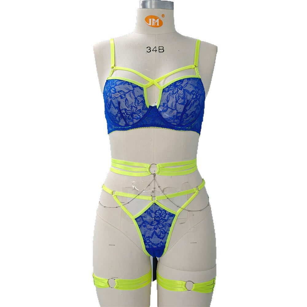 FREEDOMBEAUTY | Cross-border European and American sexy thin lace bra set strap-on metal chain underwear women's thong with leg ring