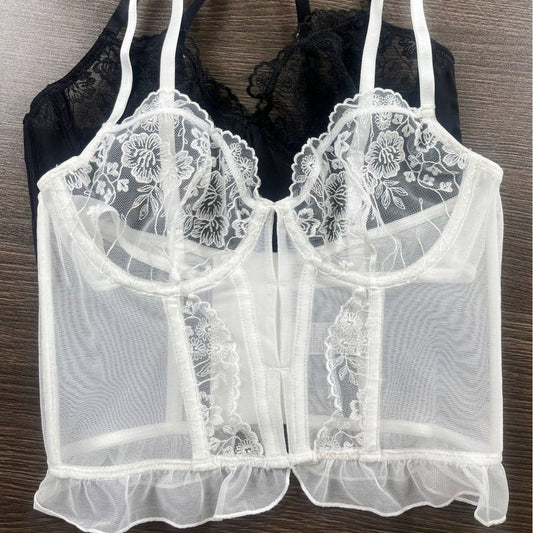 FREEDOMBEAUTY | New ultra-thin underwear French pure desire hollow lace embroidered fishbone garment garter sexy mesh bra set