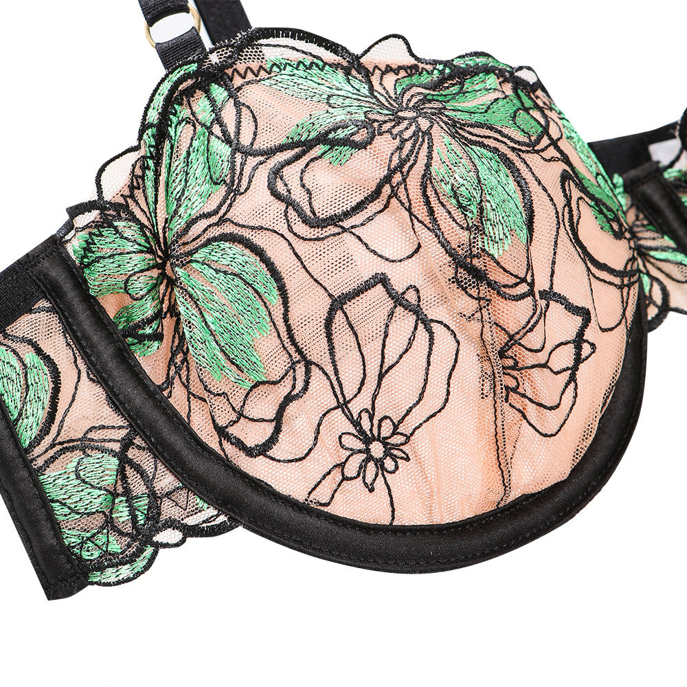 FREEDOMBEAUTY | Sexy underwear cross-border lace embroidery ultra-thin large chest shows small steel ring gathering bra set Lingerie