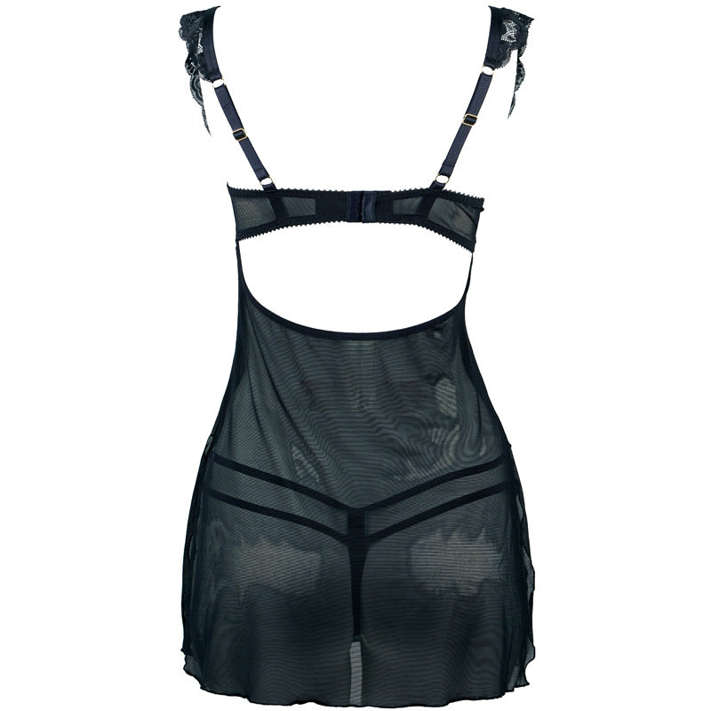 FREEDOMBEAUTY | FQ2913 steel tray sponge dew milk lace mesh nightdress private pajamas sexy lace free panties women black and white
