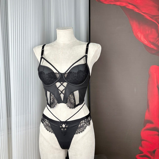 FREEDOMBEAUTY | FQ2880 Reverse Leather Lash Lace Short Corset Black Сексуальное Белье