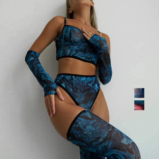 freedombeauty|New tie-dye sexy underwear 4-piece set, short vest, gloves, stockings, party sexy outerwear set