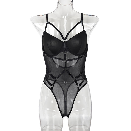 FREEDOMBEAUTY | ins European and American women's clothing new sex underwear suspender solid color complex splicing and thin onesie can be undone 3429