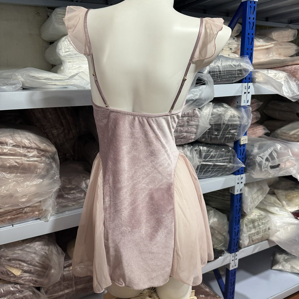 FREEDOMBEAUTY | 8012 New Sexy Women's Velvet Zhao Ruth Same Mesh Ribbon Dress Dress Pajamas