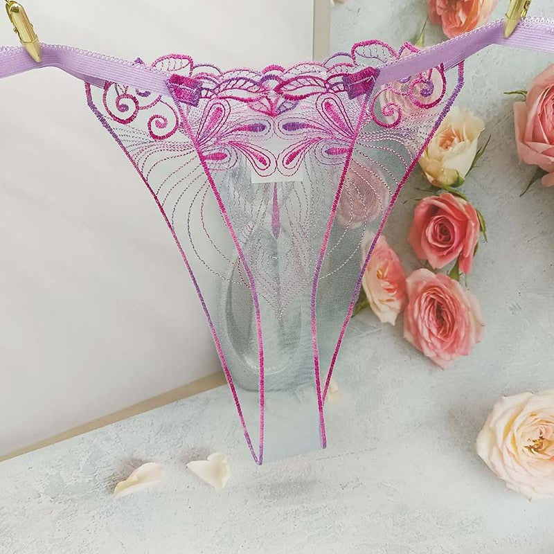 FREEDOMBEAUTY | Transparent mesh embroidery sexy perspective light women's sexy thong three-color optional pattern embroidery cross-border