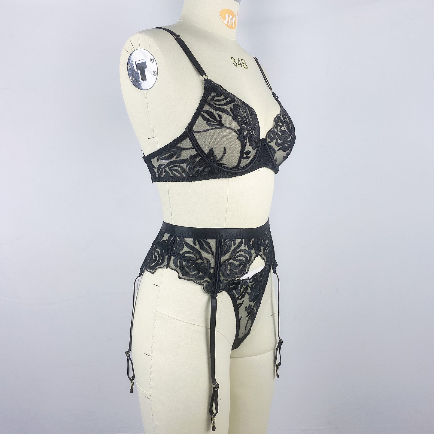 FREEDOMEBEAUTY | Black flower embroidery with steel ring bra thong women's sexy underwear three-piece set European and American cross-border new wholesale