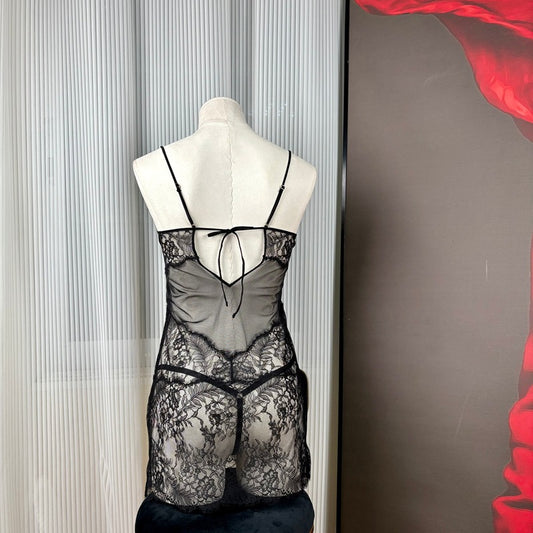 FREEDOMBEAUTY | FQ2868 European and American sex underwear hollow eyelash lace mesh see-through nightdress sexy black women's loungewear