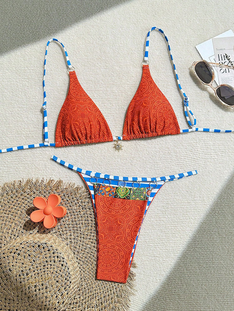 FREEDOMBEAUTY | 2025 new European and American color matching split swimsuit women's sexy lace-up bikini beach hot spring swimsuit