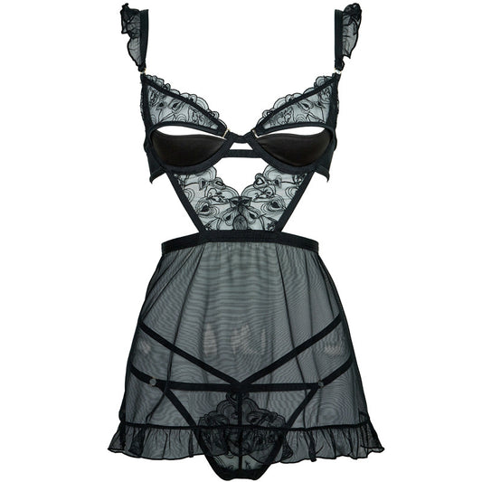 FREEDOMBEAUTY | FQ2864T221 Pure Embroidery 1/4 Cup Detachable Embroidery Breast Mesh Dress Ladies Sexy See-Through Black