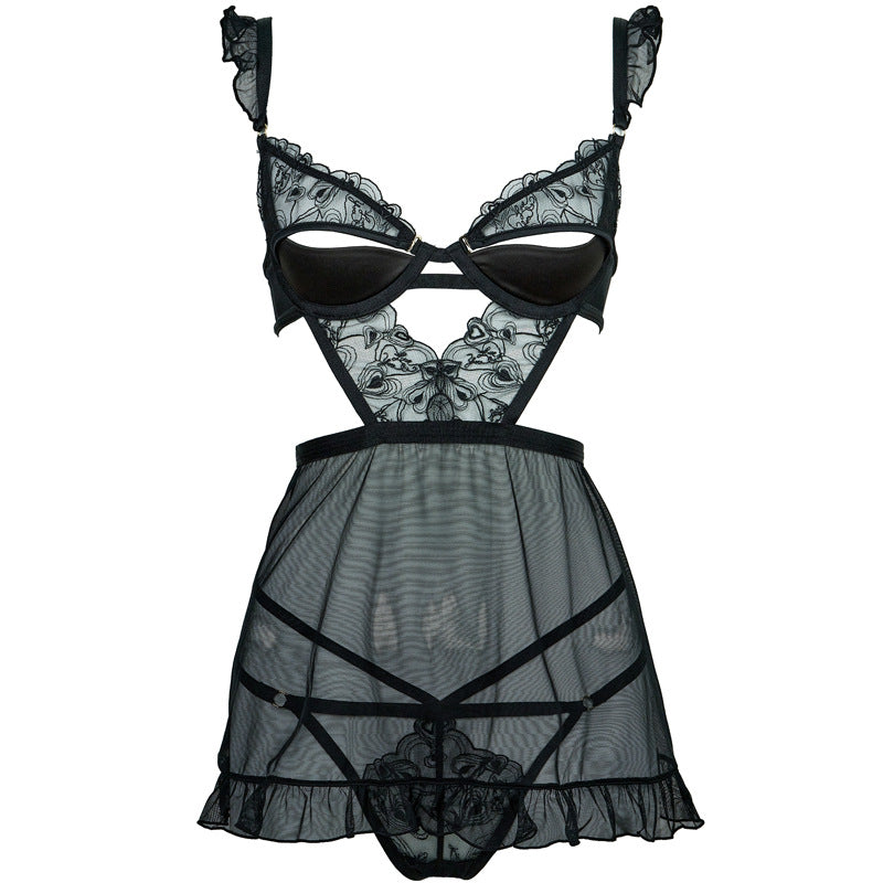 FREEDOMBEAUTY | FQ286234 Black Embroidered Love Mesh Satin Satin Nightdress Removable Breast Bra French Romance