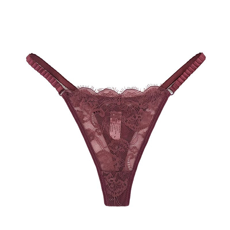 FREEDOMBEAUTY | European and American panties lace strap hollow thong women's cotton grade low waist perspective sexy eyelashes perspective hot T pants