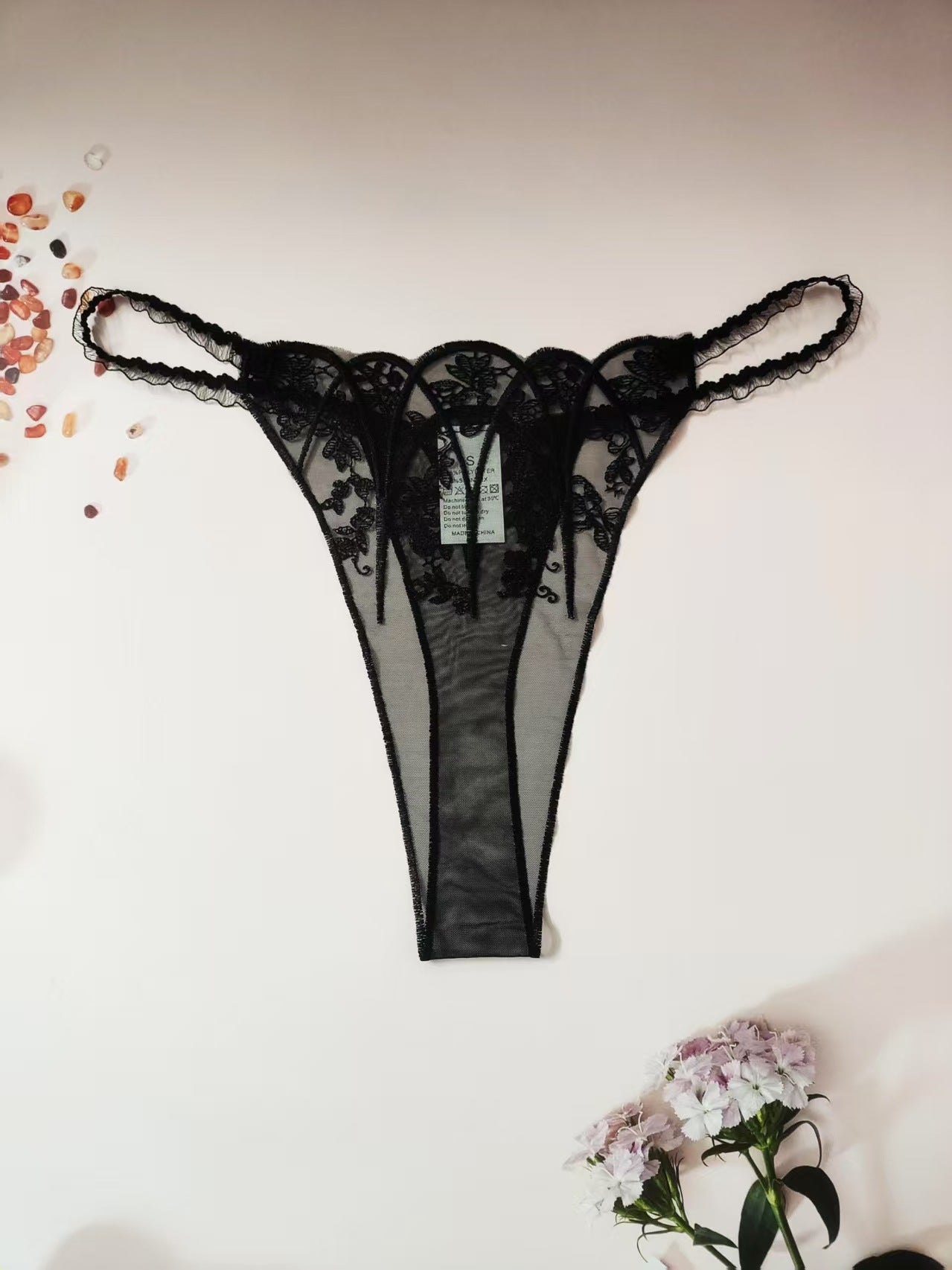 FREEDOMBEAUTY | New women's triangular mesh lace hollow sexy European and American mesh mountains embroidery color matching cross-border perspective T-character