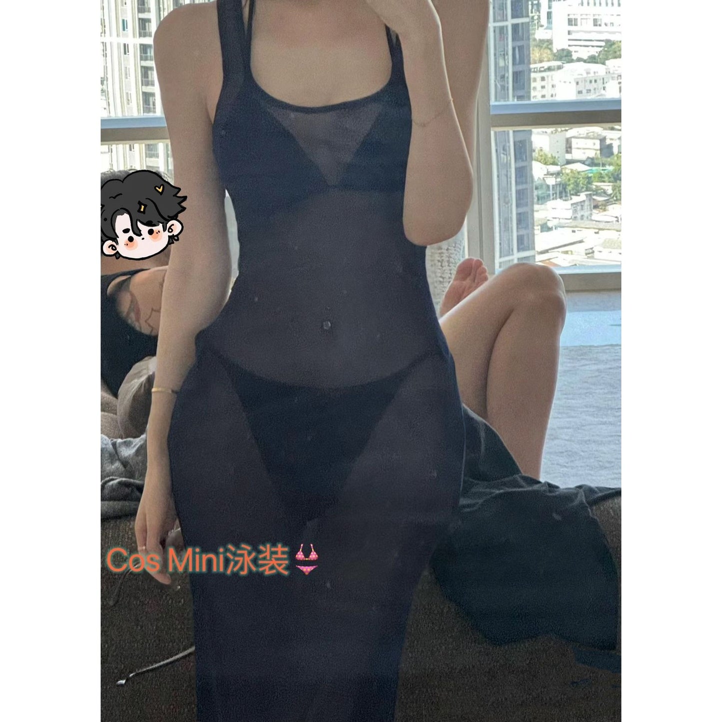 FREEDOMBEAUTY | Cos Mini tulle navy blue blouse vest see-through swimsuit knee skirt waist tight bikini sleeveless