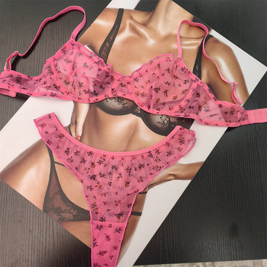 FREEDOMBEAUTY | Foreign trade underwear French lace small floral sweet girl sexy ultra-thin big breasts show small gathering bra set