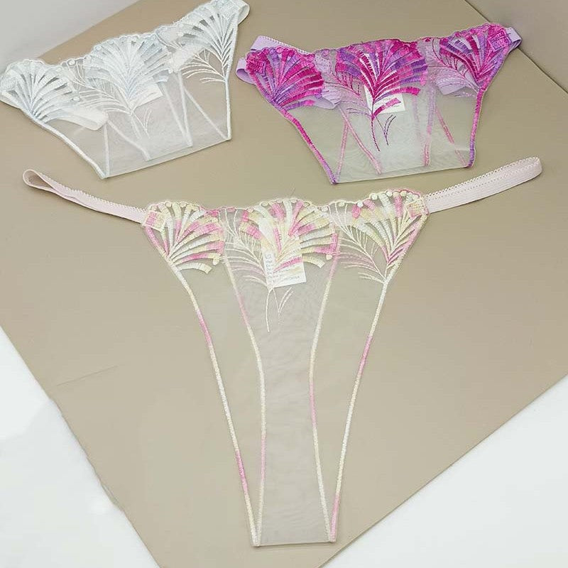 FREEDOMBEAUTY | Hollow-out embroidery perspective sexy new sex thong fan-shaped leaf pattern mesh embroidery cross-border