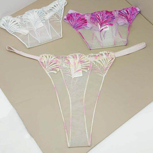 FREEDOMBEAUTY | Hollow-out embroidery perspective sexy new sex thong fan-shaped leaf pattern mesh embroidery cross-border