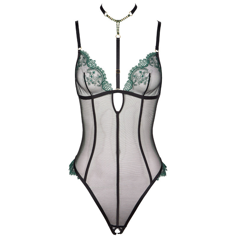 Freedombeauty | FQ2767 Deep V no-take-off onesie lingerie tulle sexy exposed buttocks cross back seduction network