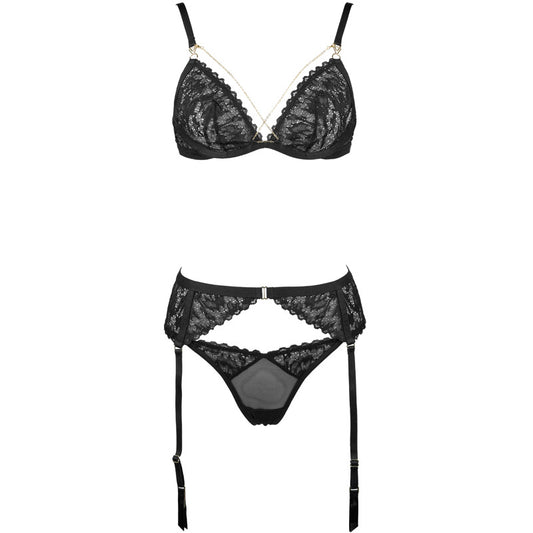 Freedombeauty | FQ2852 French lace triangle cup soft steel rim perspective chain bra thong garter black lingerie