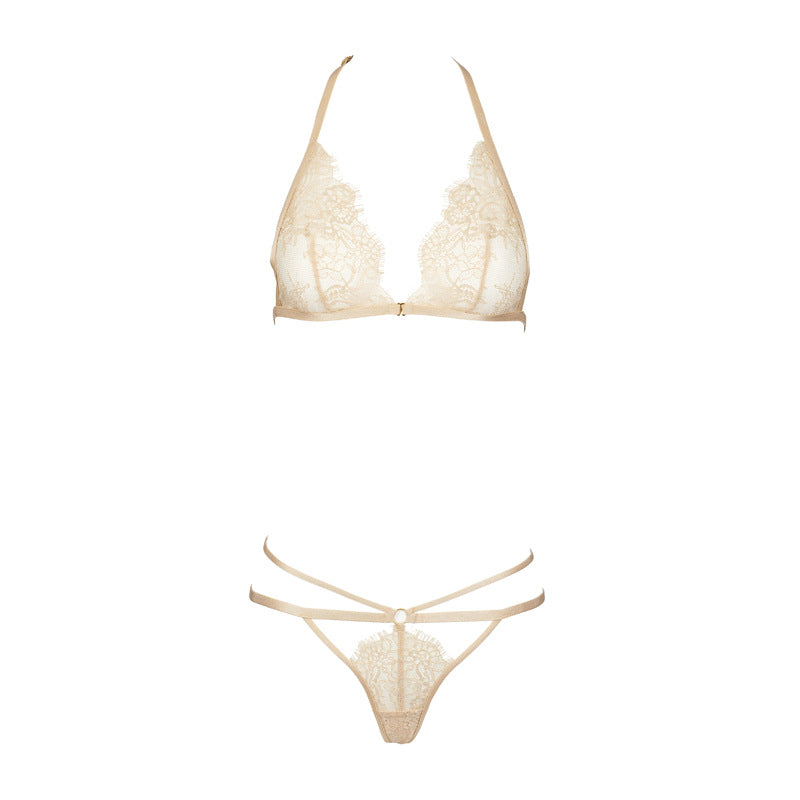 Freedombeauty | FQ2729 bronzing eyelash lace three-point champagne golden triangle cup neck back thong sex set