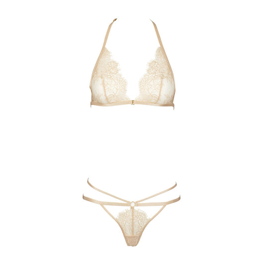 Freedombeauty | FQ2729 bronzing eyelash lace three-point champagne golden triangle cup neck back thong sex set