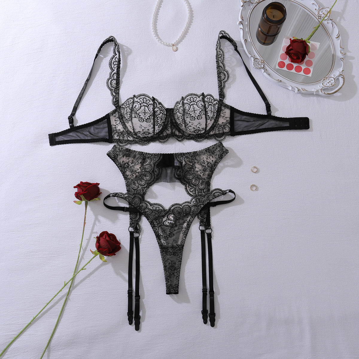 FREEDOMBEAUTY | Cross-border high-quality perspective flower embroidery steel ring gathers to shape the body, pure desire sexy underwear split set