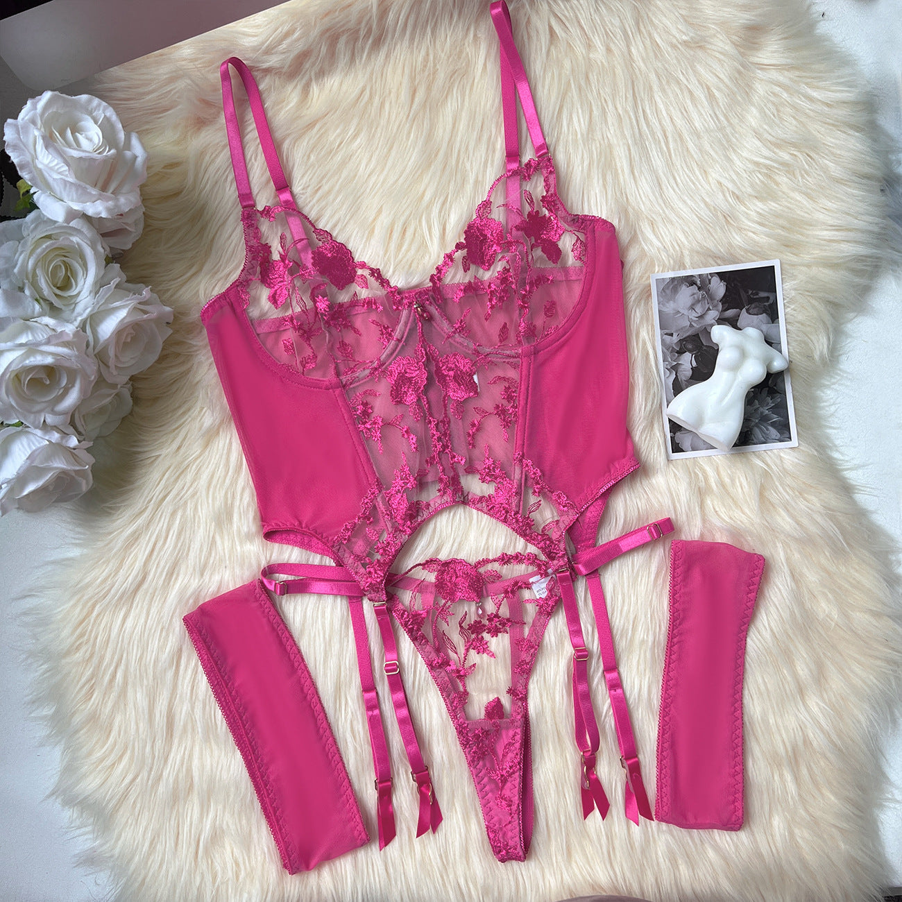 freedombeauty|Embroidered sexy underwear new three-point erotic underwear mesh embroidery perspective set