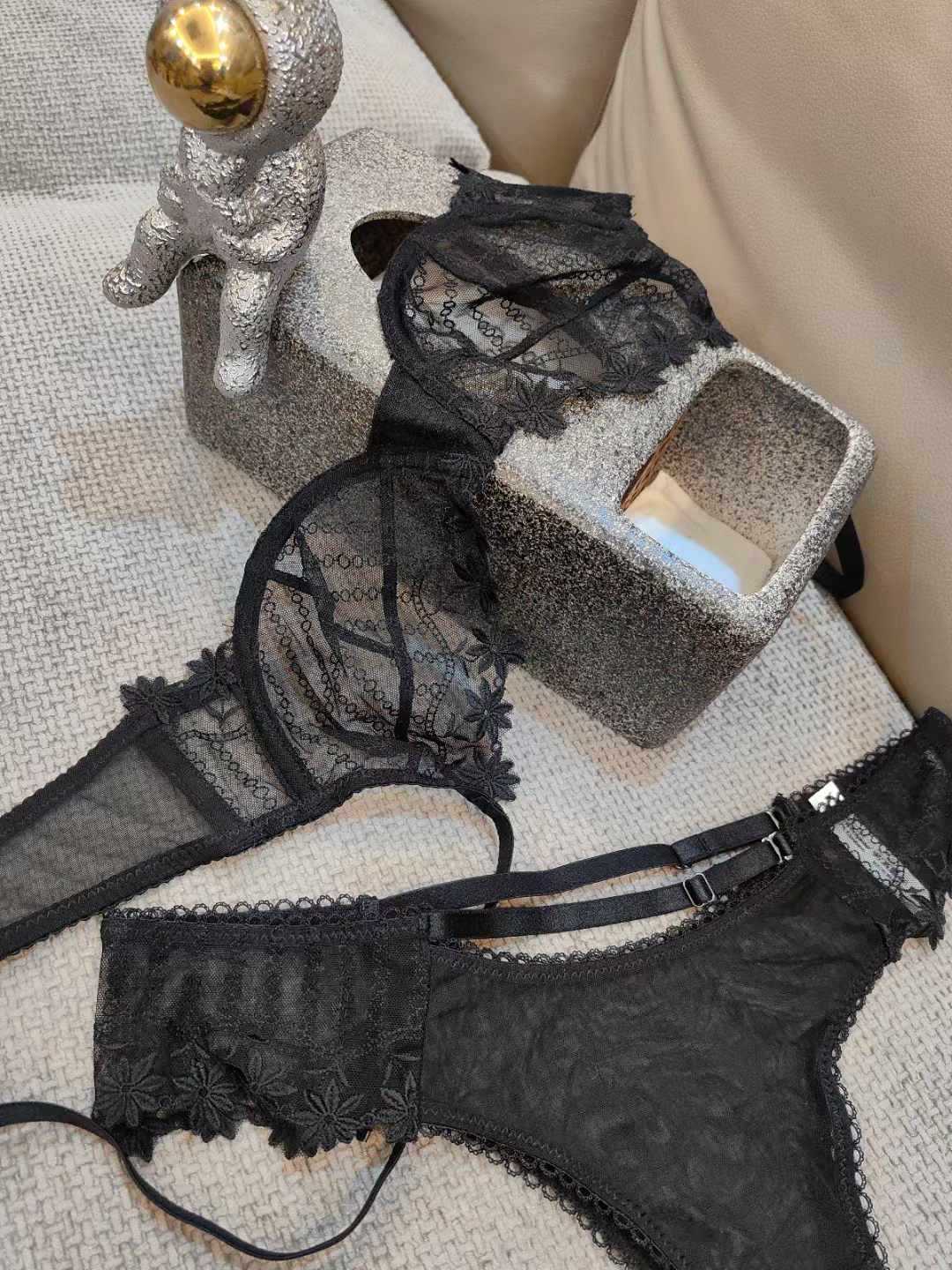 Freedombeauty | Summer underwear anti-sagging sexy mesh lace embroidery hollow comfortable breathable ultra-thin chest small bra set