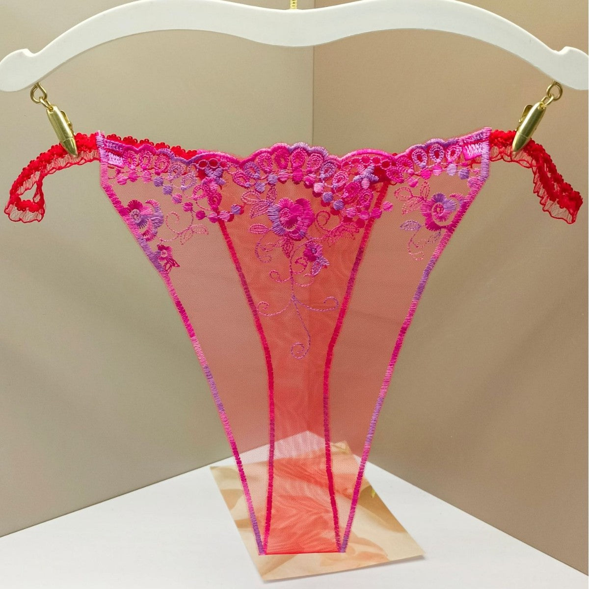 FREEDOMBEAUTY | Three-color mesh women's sexy rose embroidered thong transparent crotchless light t-word pants cross-border